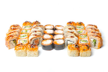 set of sushi and rolls on a white background