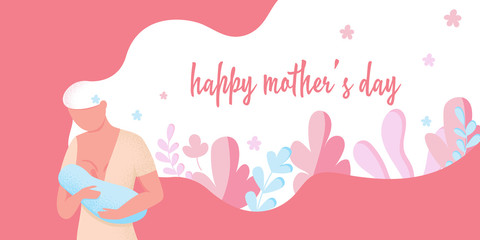 Mother's day card. Young woman holding her newborn baby and nursing him in hands. Lactation concept. Breast feeding week banner, happy mother day clip art.