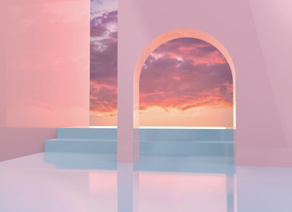  3d render illustration. Background 
with architectural elements. Large window overlooking the sky. Modern trendy design.