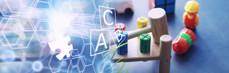 Children's development. Children's wooden toy on the table in the play area. Room of children's creativity and self-development. Wooden constructor.