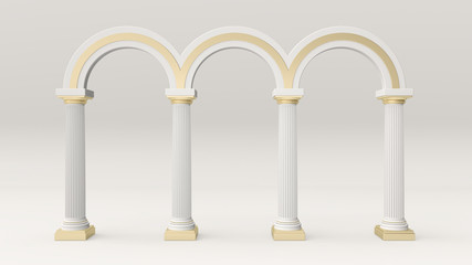 3d render illustration of colonnade. 
Modern trendy design. White and gold colors.