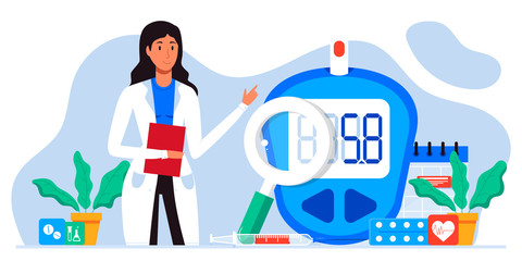 Fototapeta na wymiar World diabetic awareness day. Glucometer, blood glucose meter, pills, syringe, insulin vial. Diabetes concept. Blood sugar test with doctor, lab assistants. For web landing page template, banner