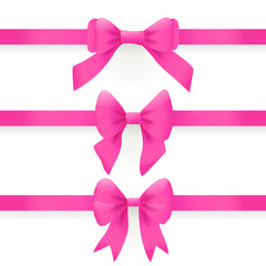 Pink bows and ribbons isolated on white background. Vector cartoon rose satin tape, shiny silk knot for birthday or christmas gift box. Set of horizontal pink ribbons with bows