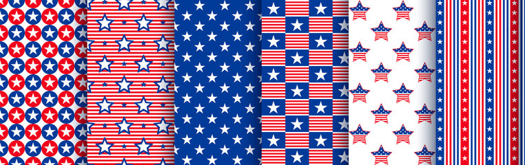 Patriotic seamless patterns with stars in the colors of the national american flag. Pattern swatches included in the Swatches panel