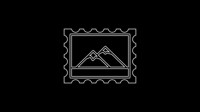 White line Postal stamp and Mountains icon isolated on black background. 4K Video motion graphic animation