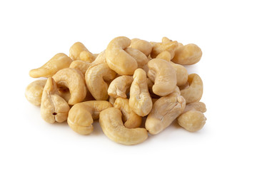 raw cashew nuts on a white background.