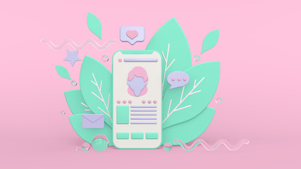 3d render illustration of smartphone 
 and social network. Background with leaves and geometric shapes.Icons of message and like. Modern trendy design. Blue and pink colors.