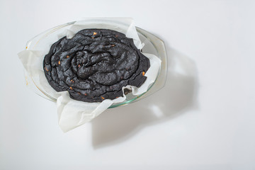 This is a chocolate cake on a white background.
