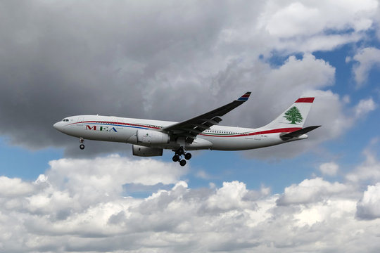 Commercial airplane airbus a330 of MEA Lebanon Airlines landing at the Heathrow airport.