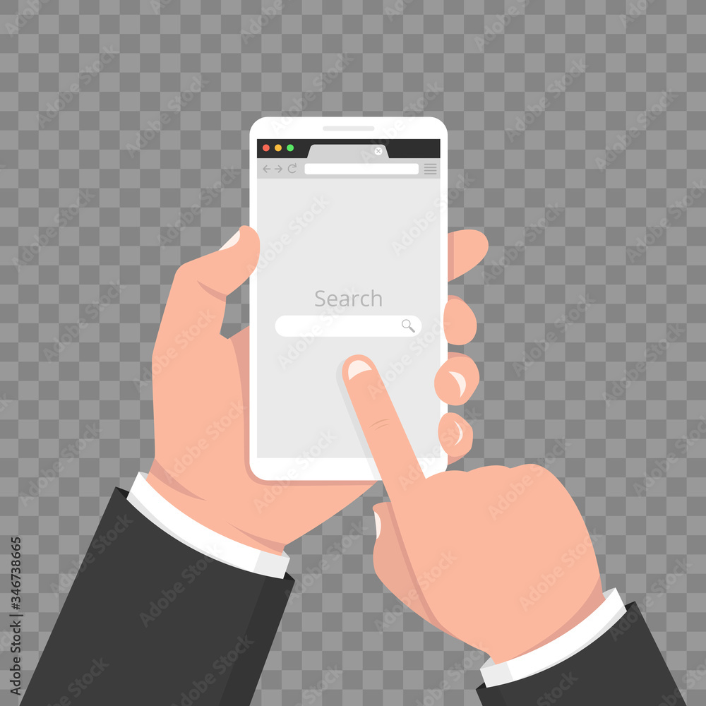 Poster hand holds smartphone with internet browser window on a screen. web browser blank template in a flat