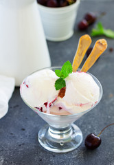 Homemade ice cream with cherry and amaretto.