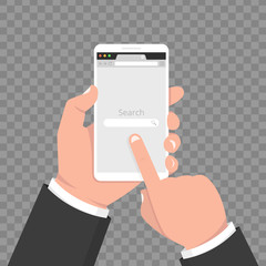 Hand holds smartphone with internet browser window on a screen. Web browser blank template in a flat style. Vector illustration.