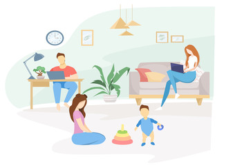 Flat vector illustration. Quarantined family, self-isolation. Mom and dad work from home, the eldest daughter plays with her younger brother. Interior room with lady plants. Coronavirus pandemic.