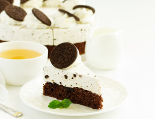 A piece of chocolate cake. Selective focus.