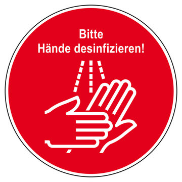 ibsn17 InformationBadgeSignNew ibsn - ds183 DiskretionSchild - Desinfektion Aufkleber - german text: Bitte H&auml;nde desinfizieren! - round sign g9591