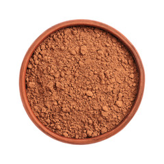 Cocoa powder in a bowl Isolated on a white background. Top view.