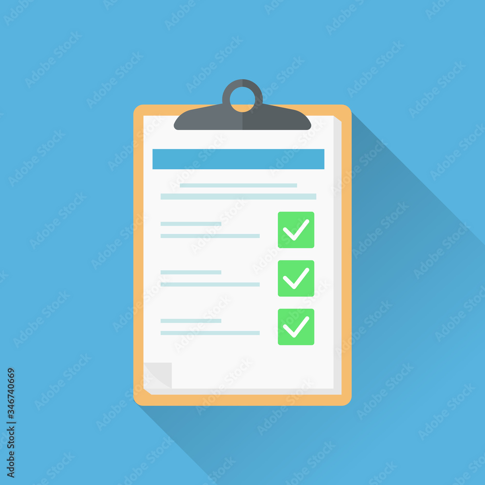 Poster survey form sheet vector illustration. flat style good exam results on paper clipboard. quiz form id