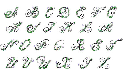 Flower alphabet.
For monogram or logo. Uppercase letters with leaves and branches. Flower design. ABC 