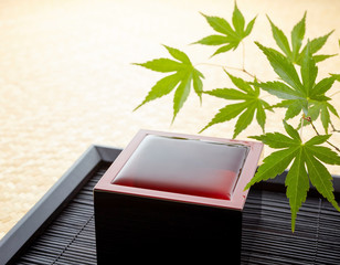 漆塗り枡-日本酒-青紅葉-初夏イメージ