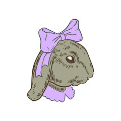 Hand drawn portrait of rabbit girl with pink bow, isolated on white, vector illustration