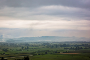 Rainy panorama over greeb plains and fields of ljubljana marshes and with clouds and mountains in the background and flowers in the foreground.