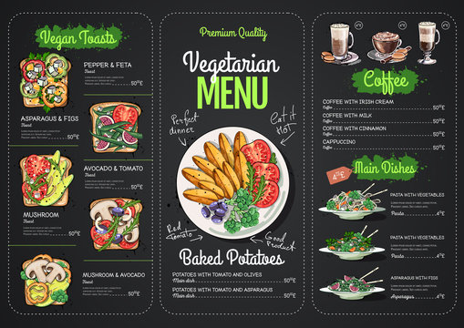 Vegetarian menu design with vegan meals. Restaurant menu