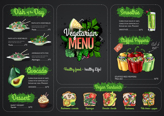 Vegetarian menu design with vegan meals. Restaurant menu - obrazy, fototapety, plakaty