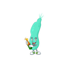 Mascot cartoon design of helicobacter pylory making toast with a bottle of beer