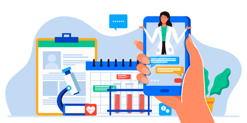 Smartphone screen with male therapist on chat in messenger and an online consultation. Vector flat illustration. Ask doctor. Online medical advise or consultation service, tele medicine, cardiology - obrazy, fototapety, plakaty