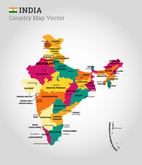 Illustration of a detailed map of India, Aisa. Colorful Map of India with all states and country boundaries.