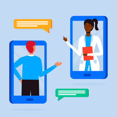 Doctor appointment. Online consultation. Modern healthcare technologies. Hospital. Young patient character talking with doctor via phone. Telemedicine, consultation, therapy, pharmacy. App, messenger.