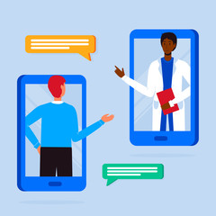 Doctor appointment. Online consultation. Modern healthcare technologies. Hospital. Young patient character talking with doctor via phone. Telemedicine, consultation, therapy, pharmacy. App, messenger.