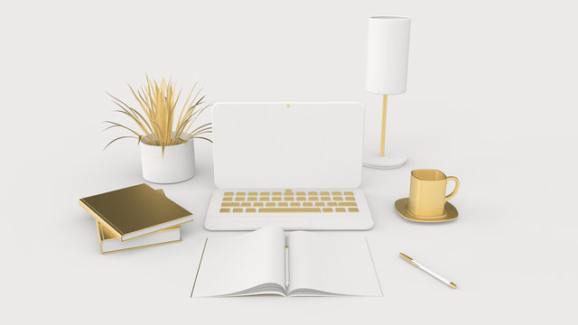 3d render illustration of working, studying and learning place. Desktop, laptop, books, notebook, pen, cup of coffee and a potted plant. White and gold colors.  Modern trendy design.