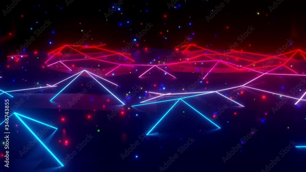 Poster neon linear lamps with a gradient glow of red-blue color over a low poly surface onto which luminous