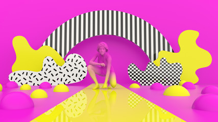 3d conceptual illustration: sitting girl ready to run on abstract background.
 Bright colors. Modern trendy design. 
