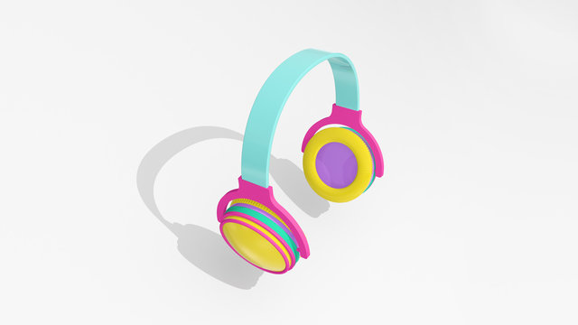 3d render illustration of headphones for listening to music. Retro 80's style. Cute and pastel colors.  Modern trendy design.