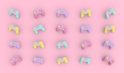Cute colorful joystick gamepad, game console on pink background. Computer gaming. 3d render illustration.
