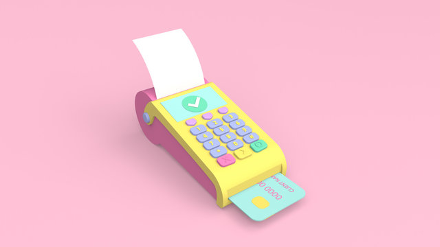 3d render illustration of payment  credit card terminal (POS). Retro 80's style. Cute and pastel colors. 