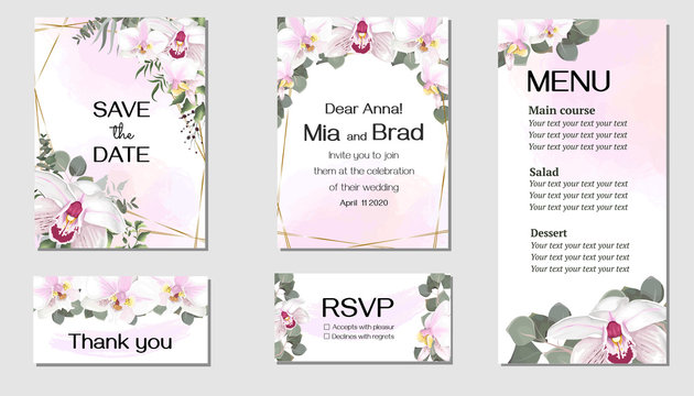 Vector floral template for wedding invitations. Pink royal orchids flowers, polygonal gold frame, green plants, leaves. All elements are isolated. Invitation card, thanks, rsvp, menu.
