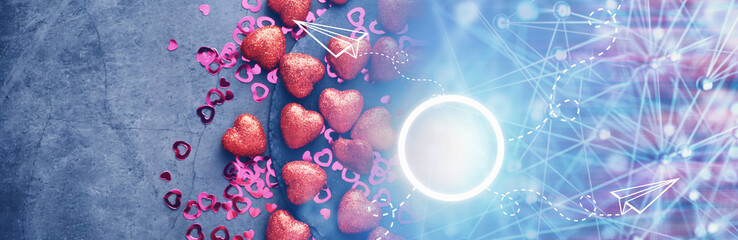 Romantic background. The concept of love and relationships. Heart shaped figures on a dark background. Card for Valentine's Day.