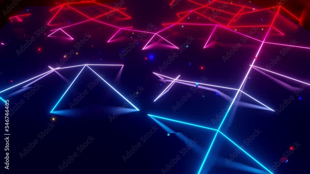 Poster neon linear lamps with a gradient glow of red-blue color over a low poly surface onto which luminous