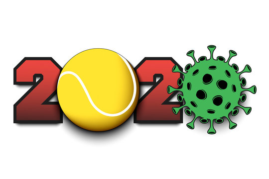 Numbers 2020 and coronavirus sign with tennis ball. Stop covid-19 outbreak. Caution risk disease 2019-nCoV. Cancellation of sports tournaments. Vector illustration