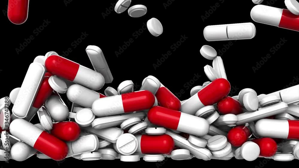 Poster transition white and red pharmaceutical capsules and pills fall down at pile against the black backg