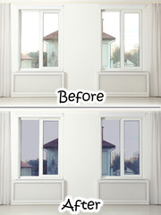 Empty room with windows before and after tinting