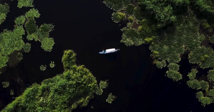 Rotating aerial shot with top down view of traditional Shikara floating on waterway of silent Dal Lake with aquatic plants on each side in Kashmir, India.