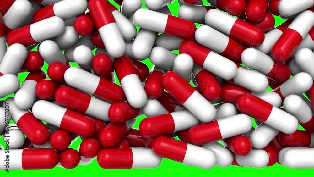 Poster transition white and red pharmaceutical capsules fall down at pile against the green screen. 3d rend