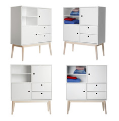 Collage of modern cabinets on white background