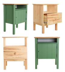 Collage of modern cabinets on white background