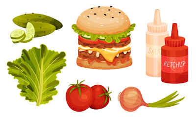 Fresh Hamburger with Scattered Around Ingredients Vector Set