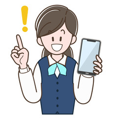 スマホを持って説明する制服の女性